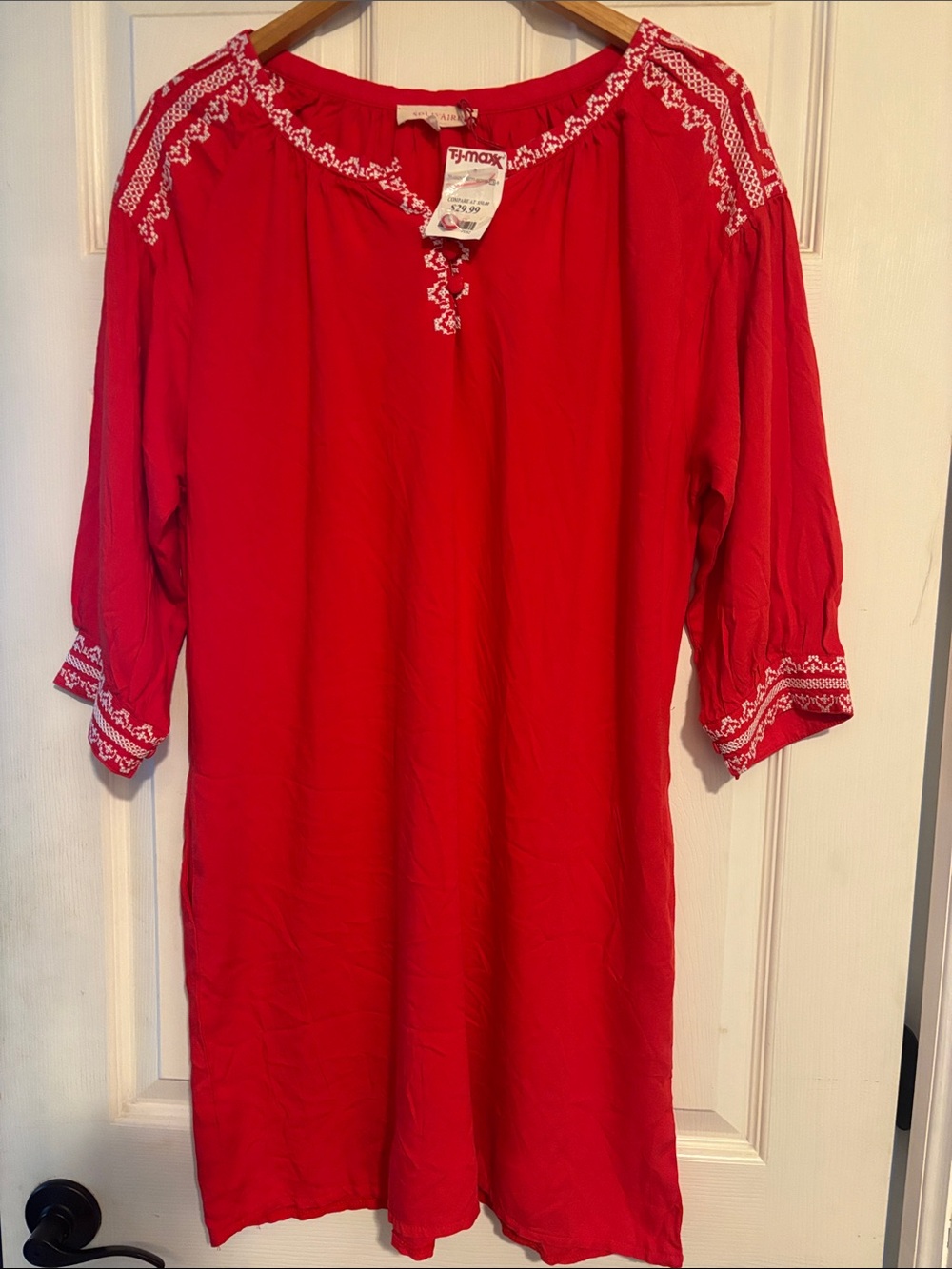 Solitaire Red Peasant Tunic with White Embroidery